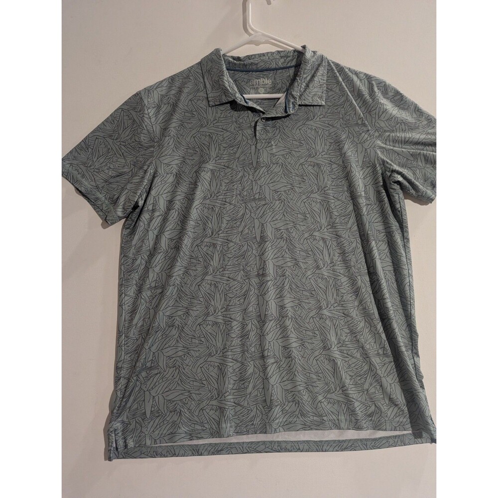 AMBLE Clothing Polo Shirt Mens Large Green Floral Performance Golf Sun Logo